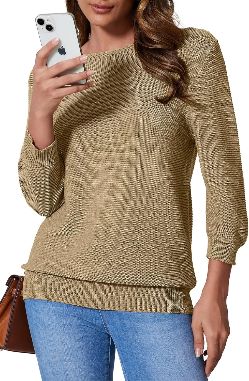 Allimy Women's Crewneck Chic Knit Sequin Details Fall Dressy Sweaters for Women 2025 3/4 Length Sleeve