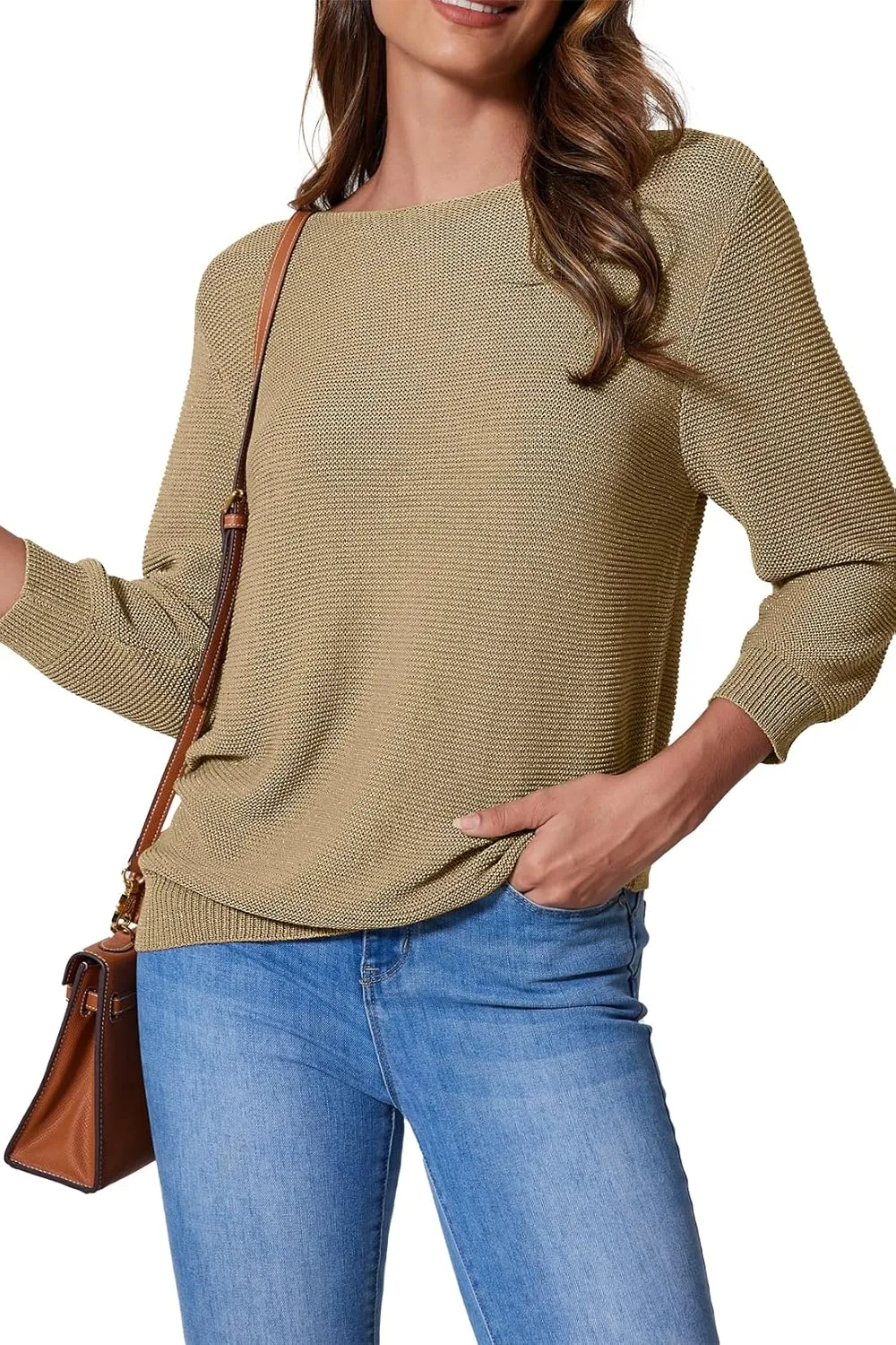 Allimy Women's Crewneck Chic Knit Sequin Details Fall Dressy Sweaters for Women 2025 3/4 Length Sleeve