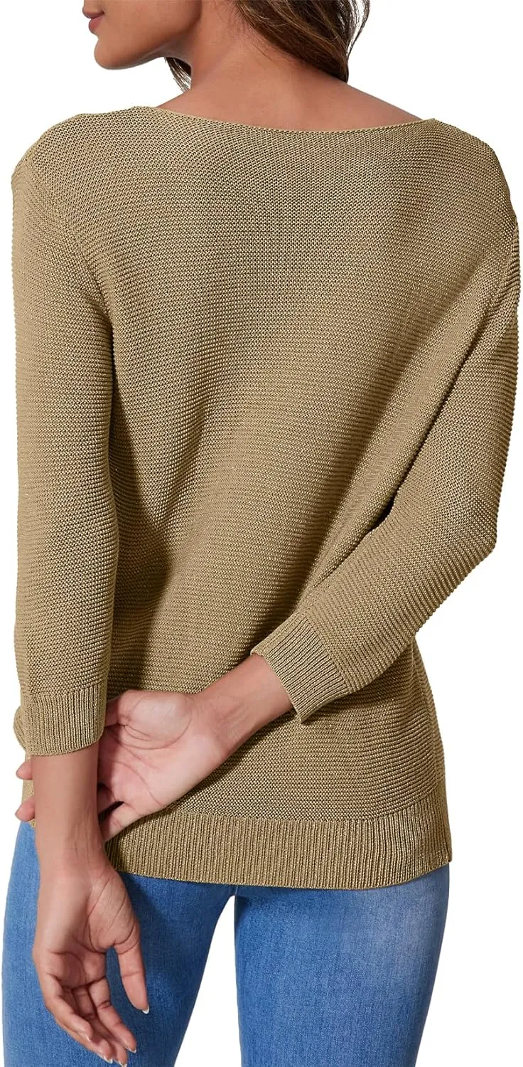 Allimy Women's Crewneck Chic Knit Sequin Details Fall Dressy Sweaters for Women 2025 3/4 Length Sleeve