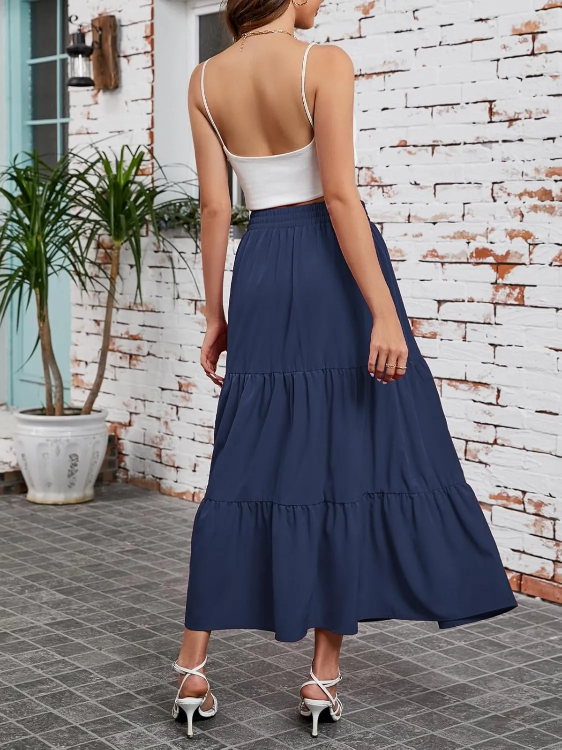 Arolina Maxi Skirt for Women Summer Boho Elastic High Waist Pleated A-Line Flowy Ruffle Swing Tiered Long Beach Skirt Dress