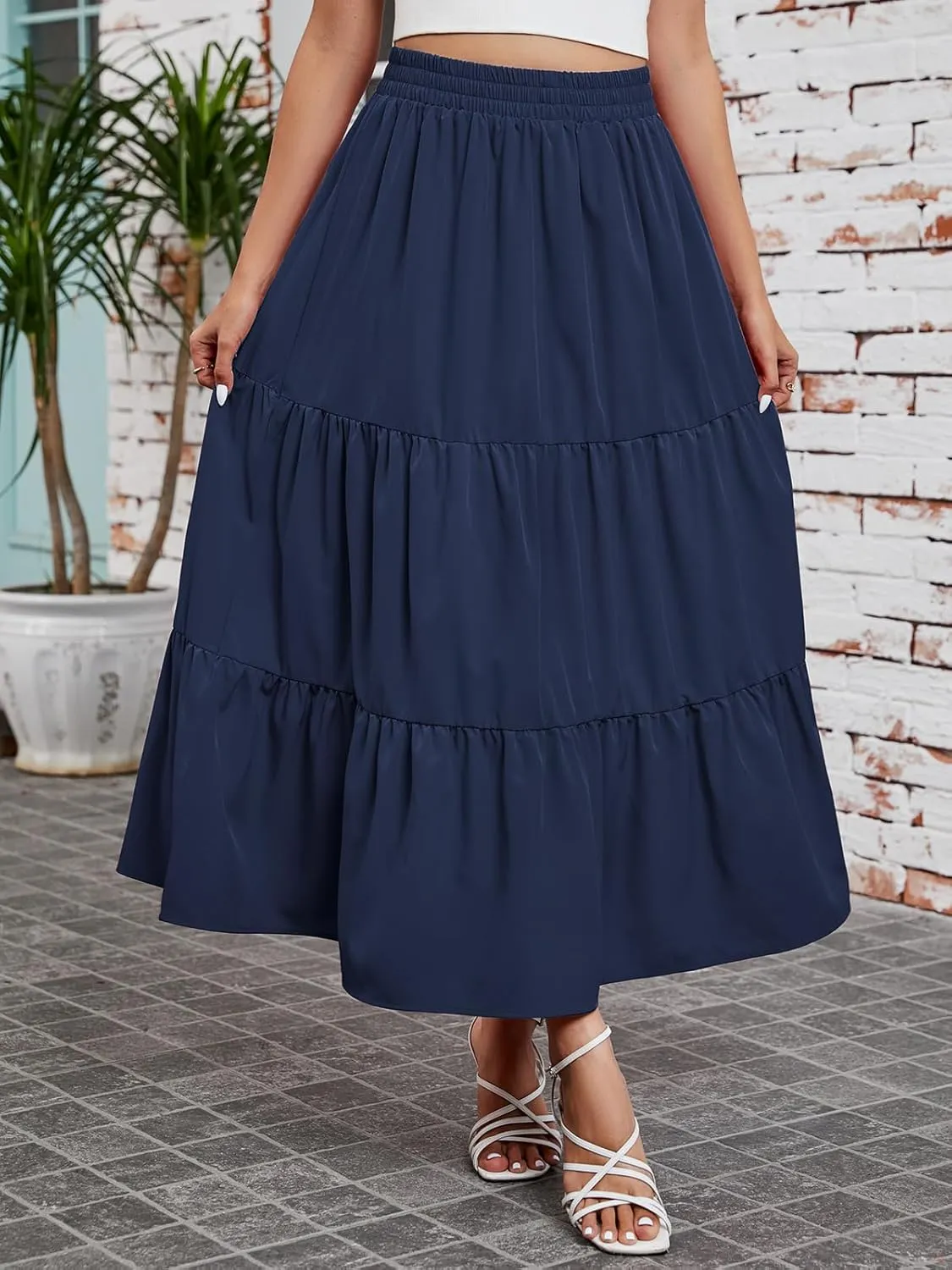 Arolina Maxi Skirt for Women Summer Boho Elastic High Waist Pleated A-Line Flowy Ruffle Swing Tiered Long Beach Skirt Dress