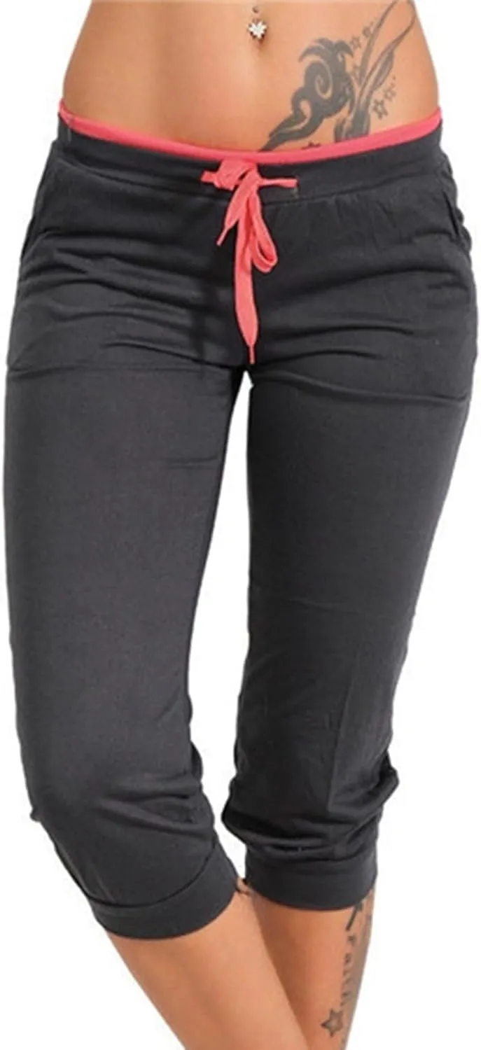 Capri Pants for Women Stretch Drawstring Low Rise Jogger Pants Comfy Soft Lounge Cropped Yoga Pants with Pockets