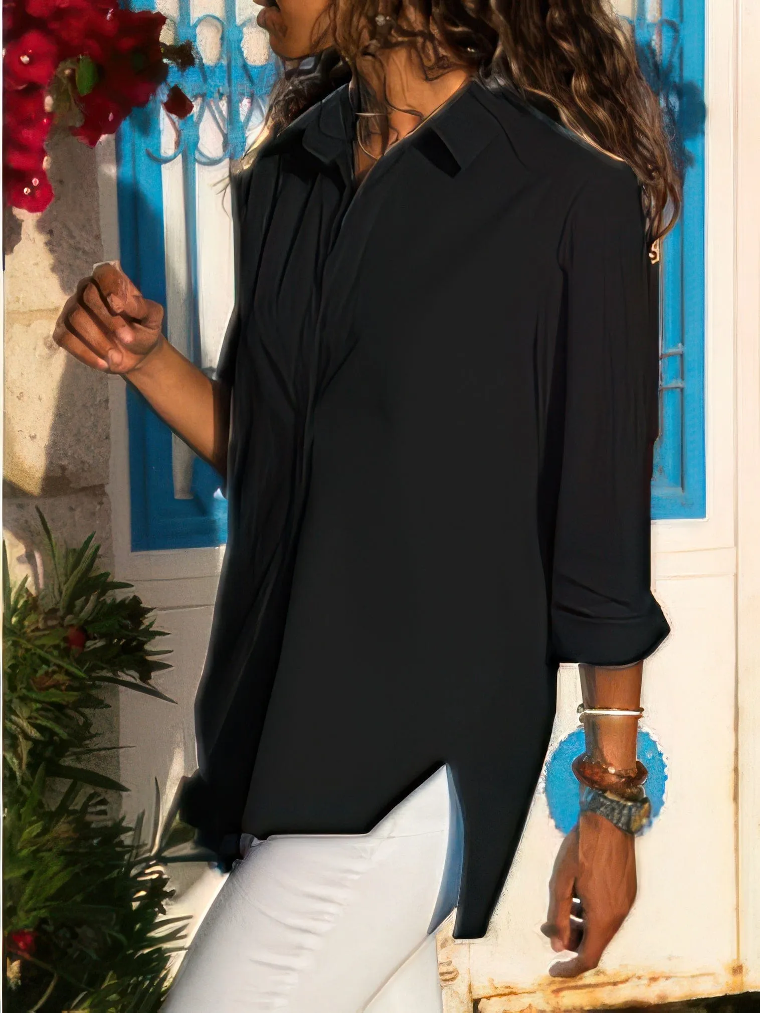 Casual Button-Up Blouse with Side Slit