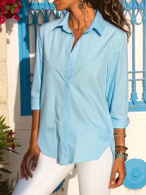 Casual Button-Up Blouse with Side Slit