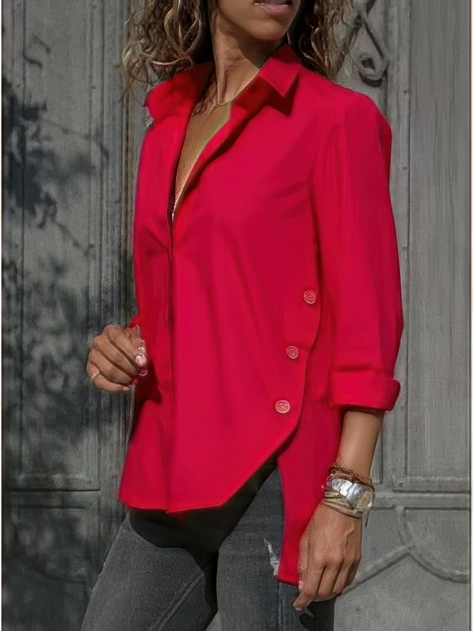 Casual Button-Up Blouse with Side Slit