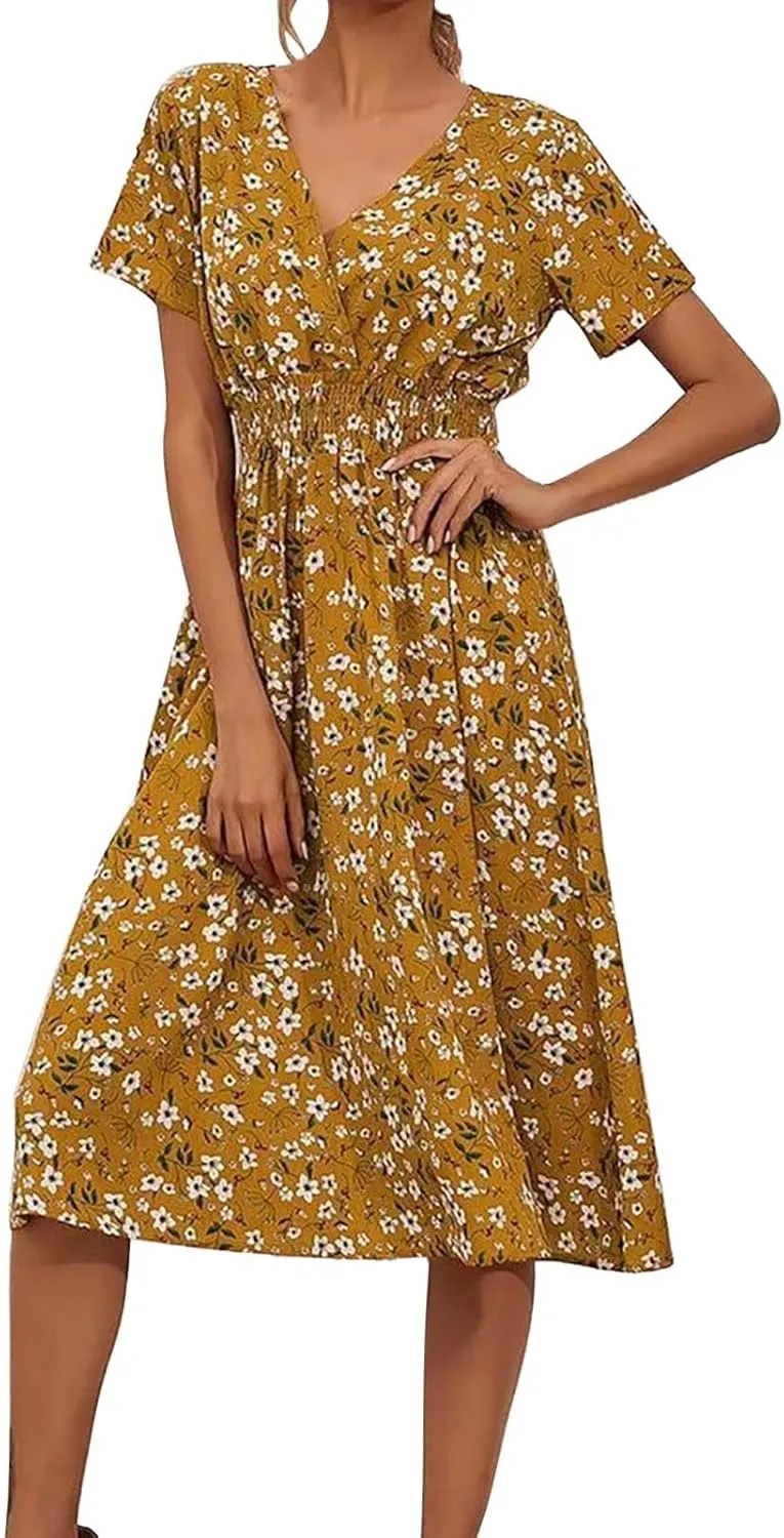 Casual Dresses for Women Summer Floral High Waist Beach Sundress Trendy V Neck Short Sleeve Knee Length A Line Dress