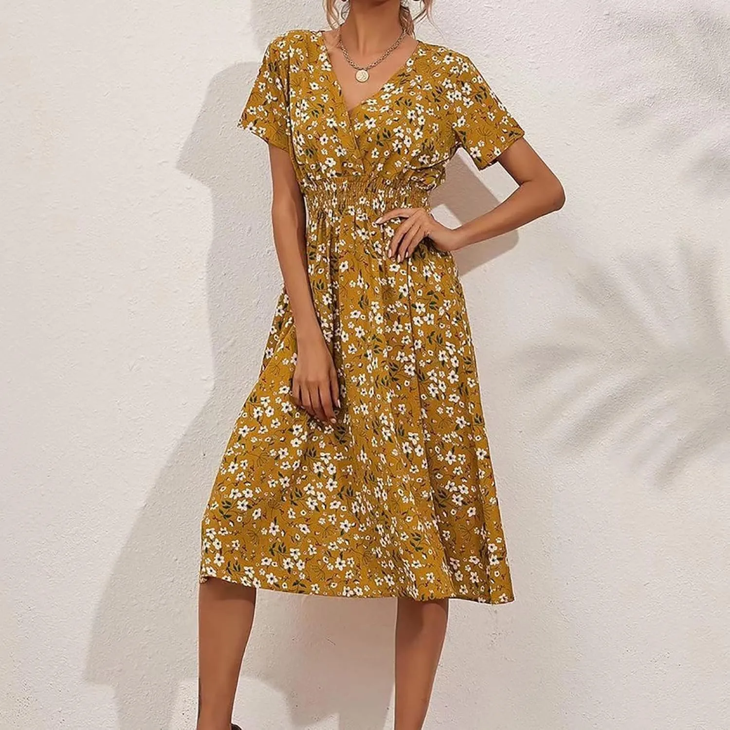 Casual Dresses for Women Summer Floral High Waist Beach Sundress Trendy V Neck Short Sleeve Knee Length A Line Dress
