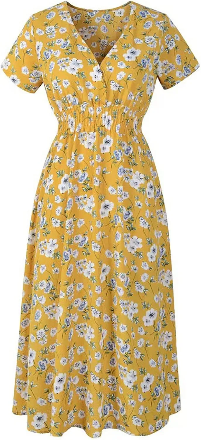 Casual Dresses for Women Summer Floral High Waist Beach Sundress Trendy V Neck Short Sleeve Knee Length A Line Dress