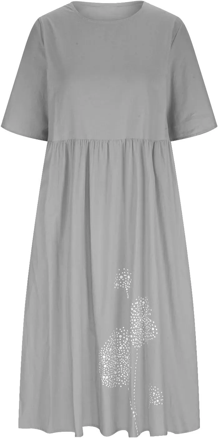 Ceboyel Women 2023 Linen Maxi Dress Dandelion Print Flowy Dresses Tiered Short Sleeve Boho Dress Casual Loose Summer Dresses