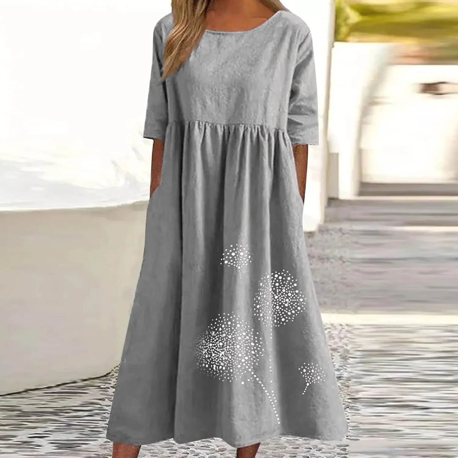 Ceboyel Women 2023 Linen Maxi Dress Dandelion Print Flowy Dresses Tiered Short Sleeve Boho Dress Casual Loose Summer Dresses