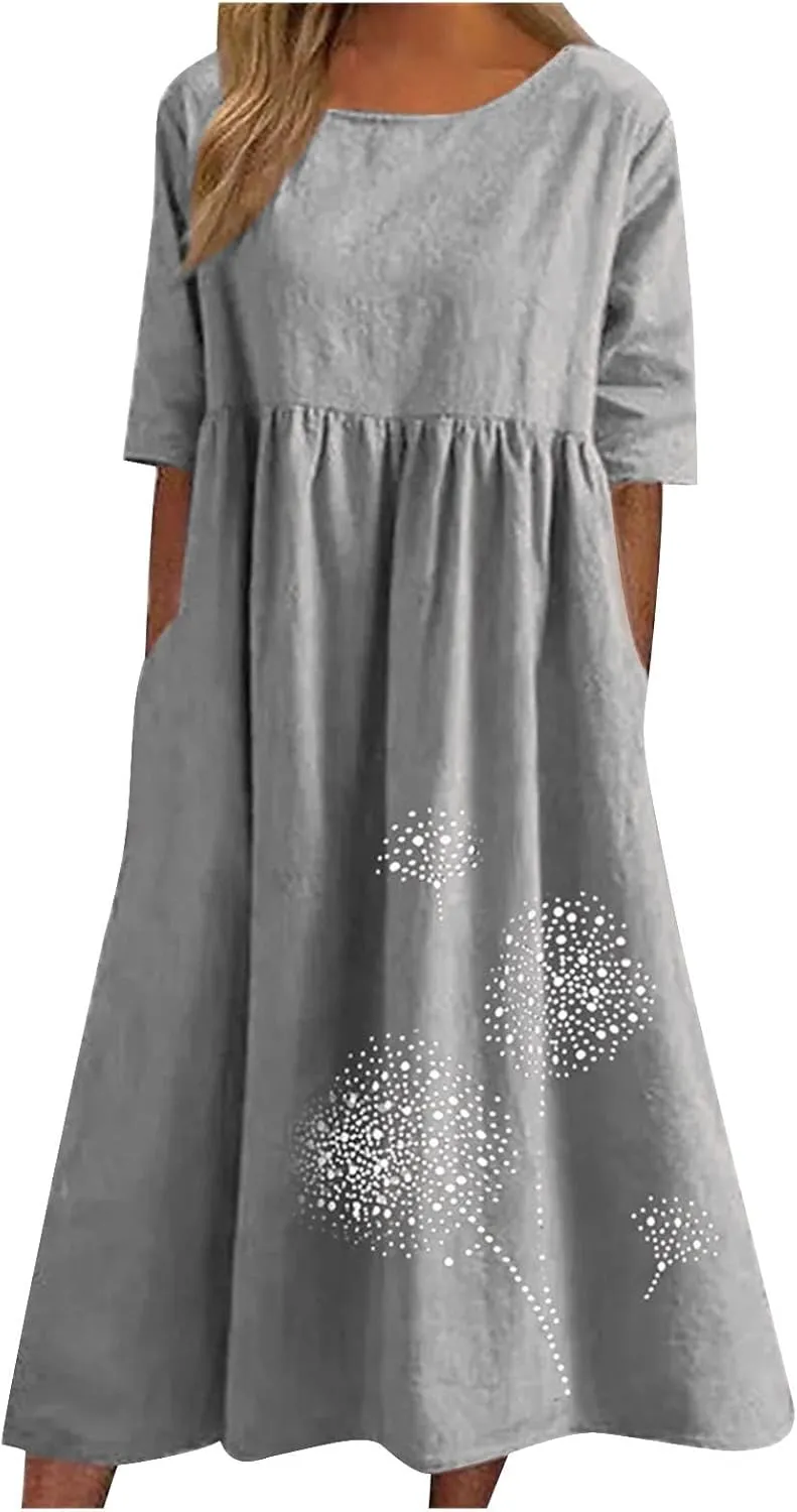 Ceboyel Women 2023 Linen Maxi Dress Dandelion Print Flowy Dresses Tiered Short Sleeve Boho Dress Casual Loose Summer Dresses