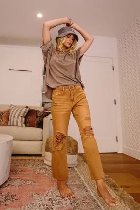 Chic High Rise Straight Crop: Autumnal Brown