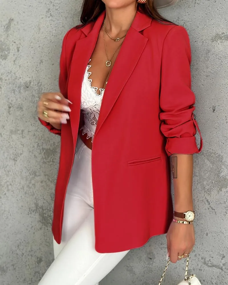Chic Me Womens Bussiness Casual Blazers Open Front Roll Up Sleeves Fall Blazer 2024