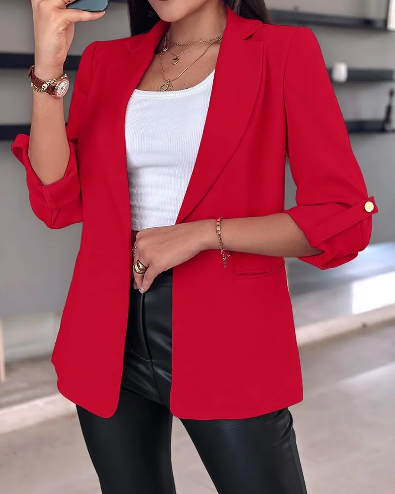 Chic Me Womens Bussiness Casual Blazers Open Front Roll Up Sleeves Fall Blazer 2024