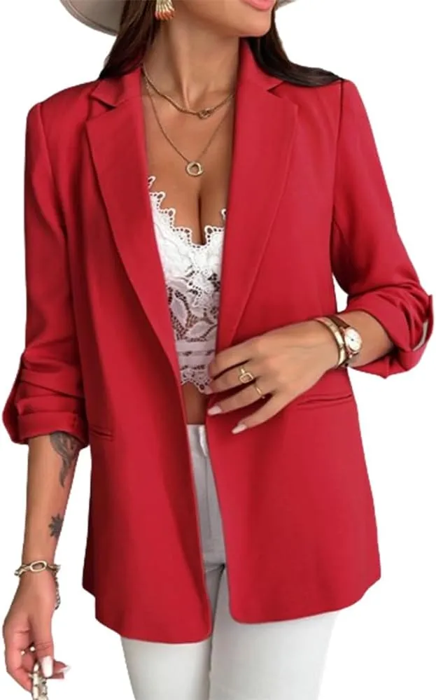 Chic Me Womens Bussiness Casual Blazers Open Front Roll Up Sleeves Fall Blazer 2024