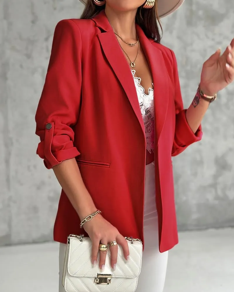 Chic Me Womens Bussiness Casual Blazers Open Front Roll Up Sleeves Fall Blazer 2024