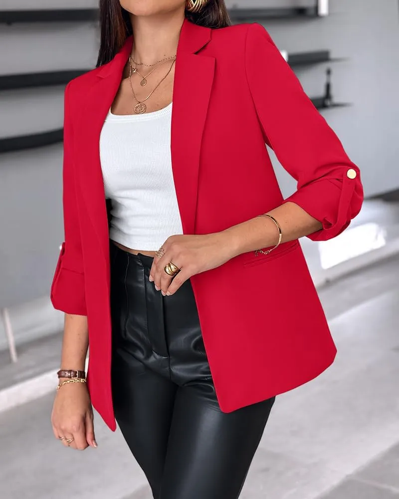 Chic Me Womens Bussiness Casual Blazers Open Front Roll Up Sleeves Fall Blazer 2024