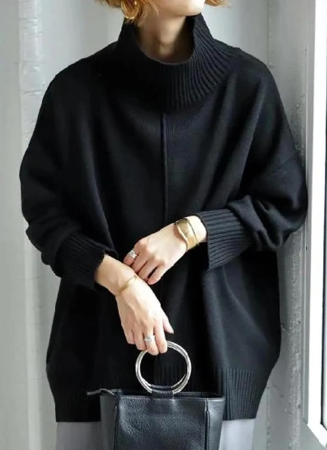 Chic Oversized Pullover Womens Sweater High Neck Long Sleeve Womens Clothing and Turtle Necks Womens Tops