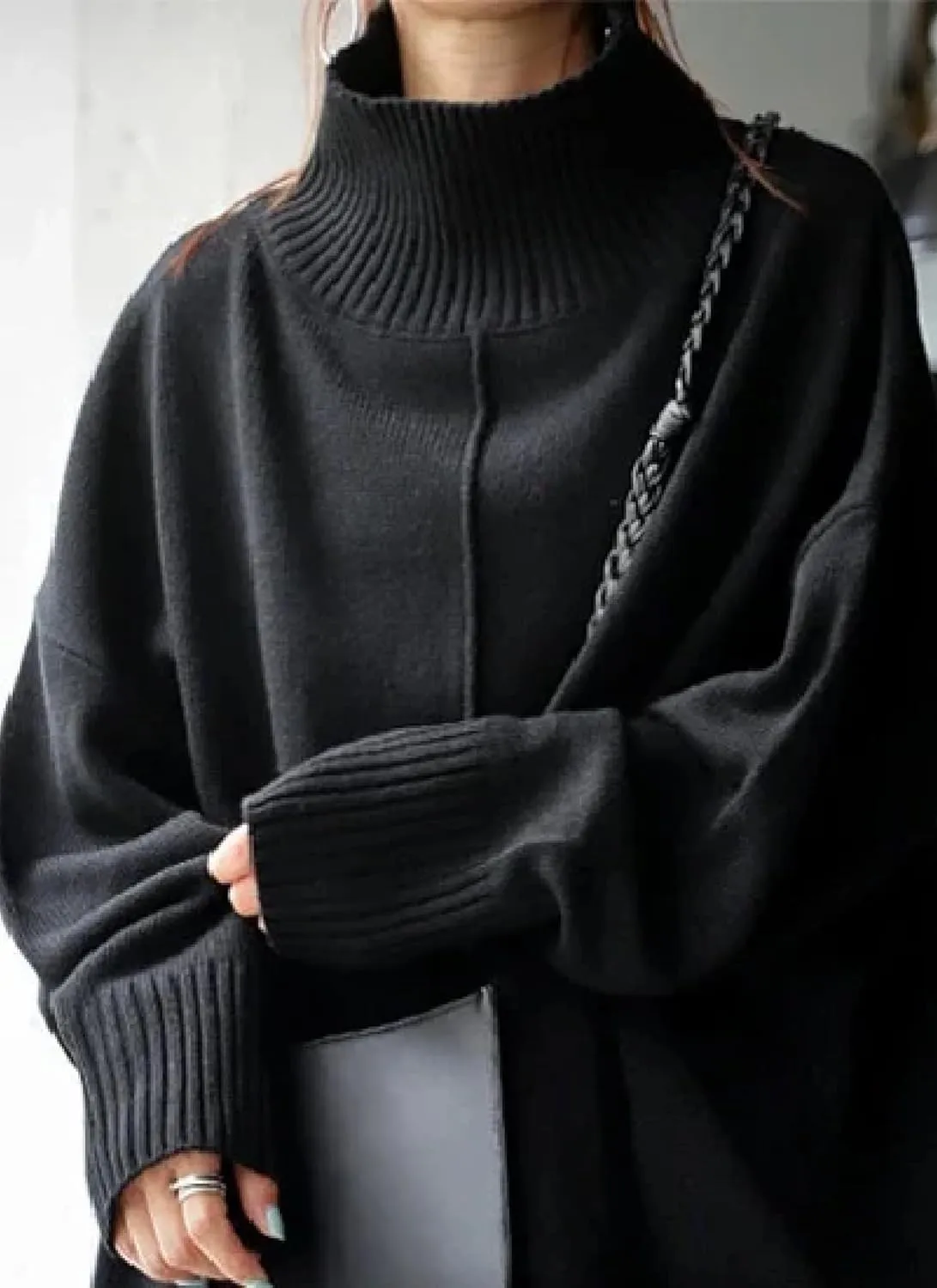 Chic Oversized Pullover Womens Sweater High Neck Long Sleeve Womens Clothing and Turtle Necks Womens Tops