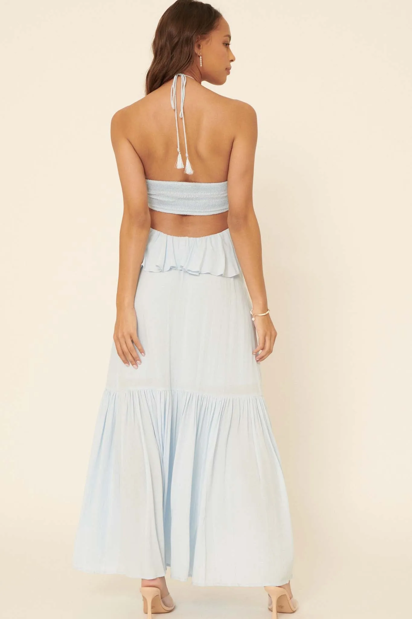 Cloud Nine Ruffled Cutout Halter Maxi Dress