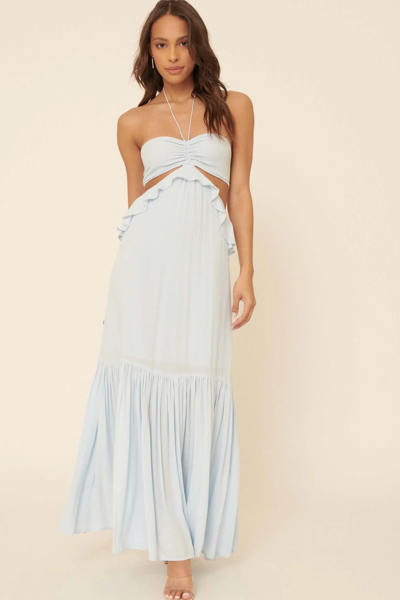 Cloud Nine Ruffled Cutout Halter Maxi Dress