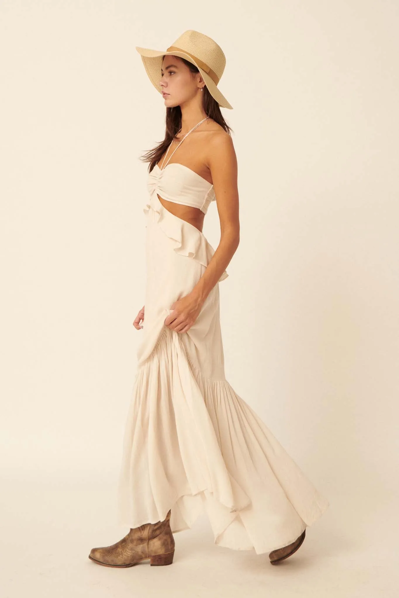 Cloud Nine Ruffled Cutout Halter Maxi Dress