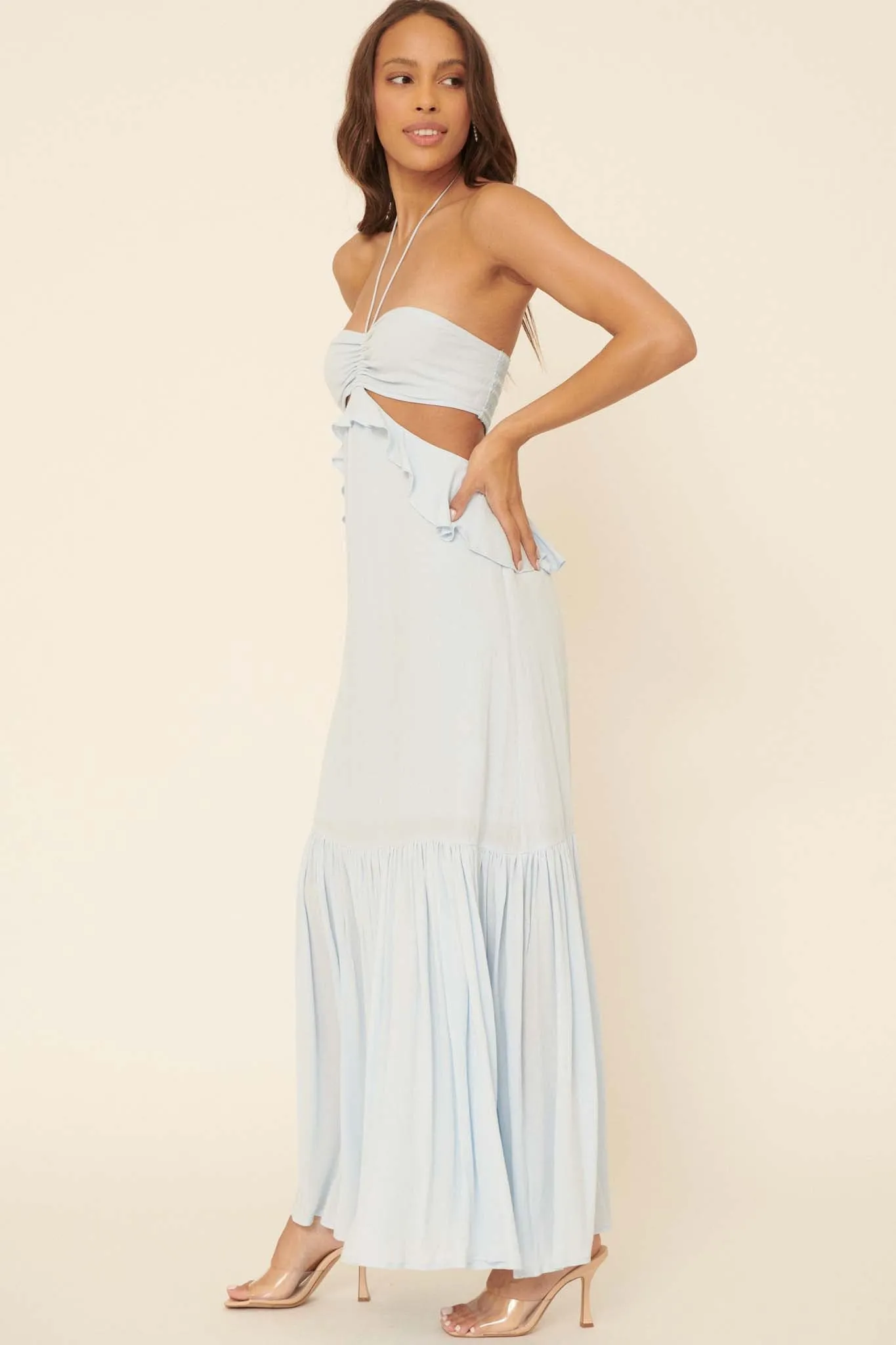 Cloud Nine Ruffled Cutout Halter Maxi Dress