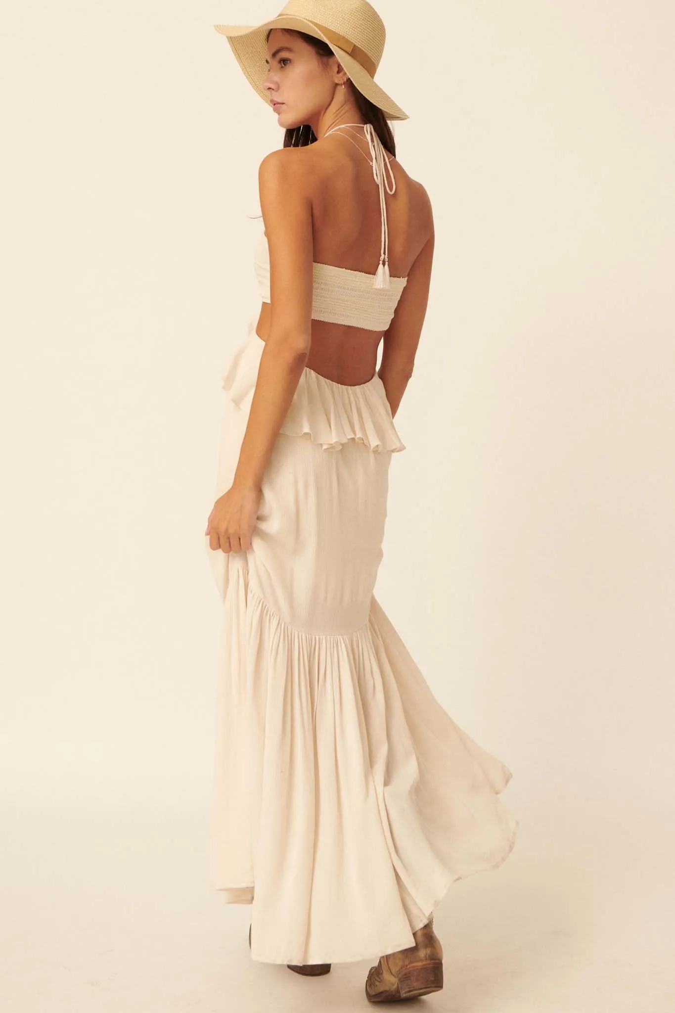 Cloud Nine Ruffled Cutout Halter Maxi Dress