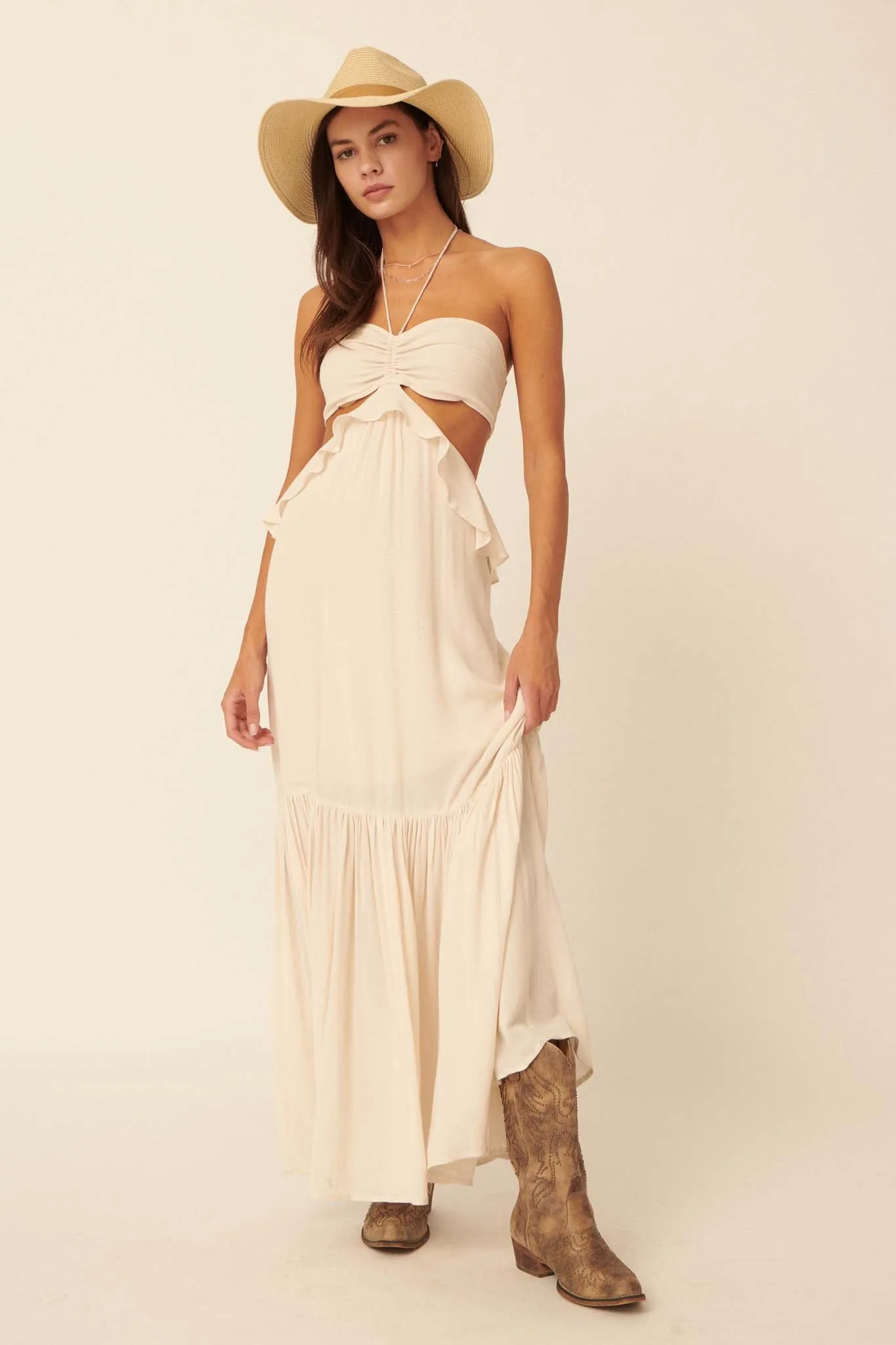 Cloud Nine Ruffled Cutout Halter Maxi Dress