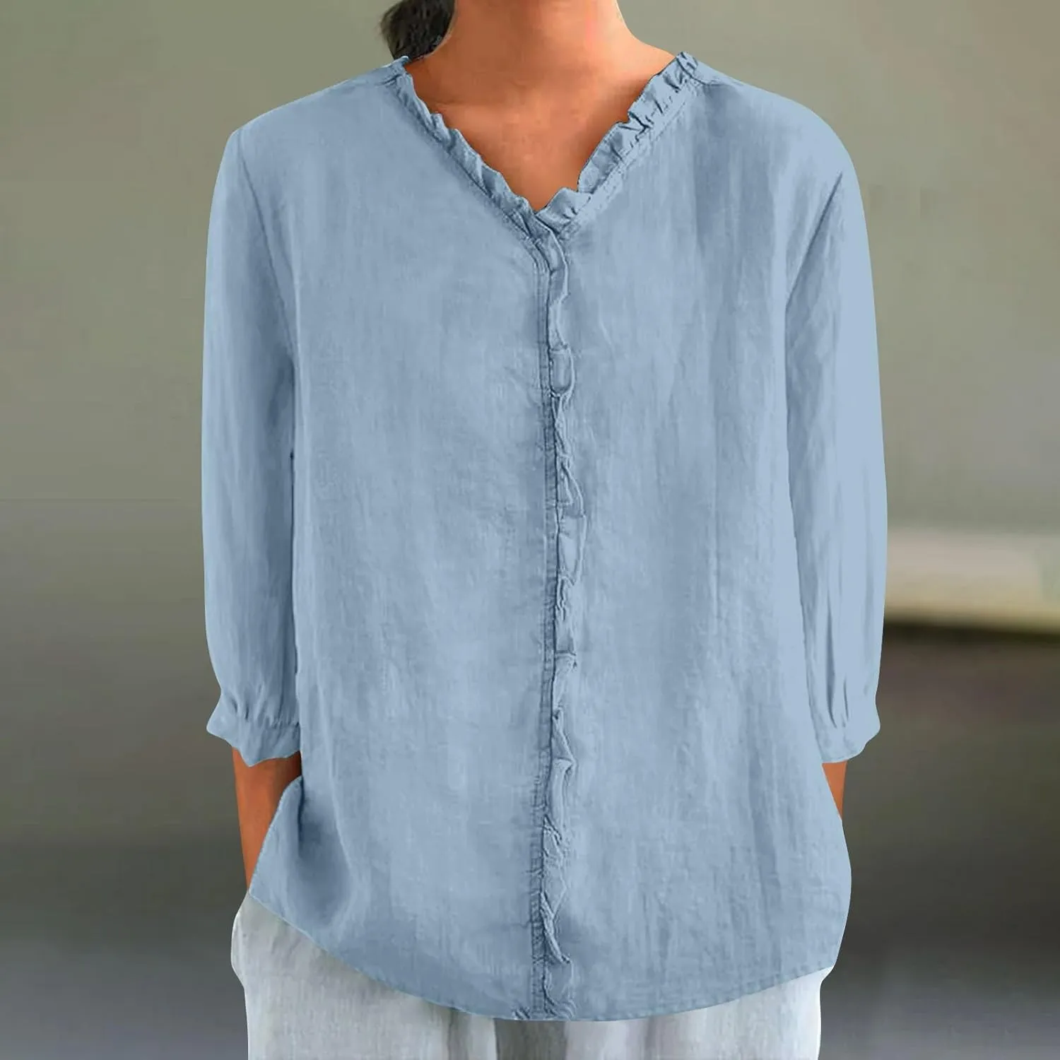 Cotton Linen Tops for Women 3/4 Sleeve Tees Frill Trim V Neck Blouse Cute Summer Vacation Breathable Shirt
