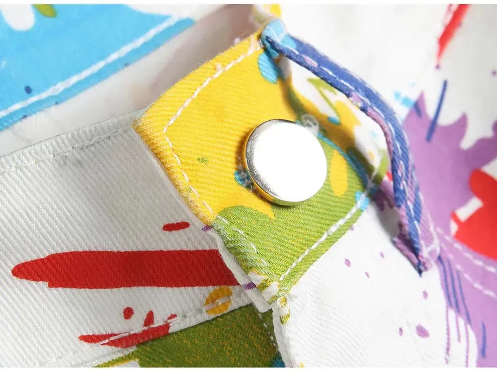 Denim Summer Shorts Chic Colourful Digital Printed White Jeans