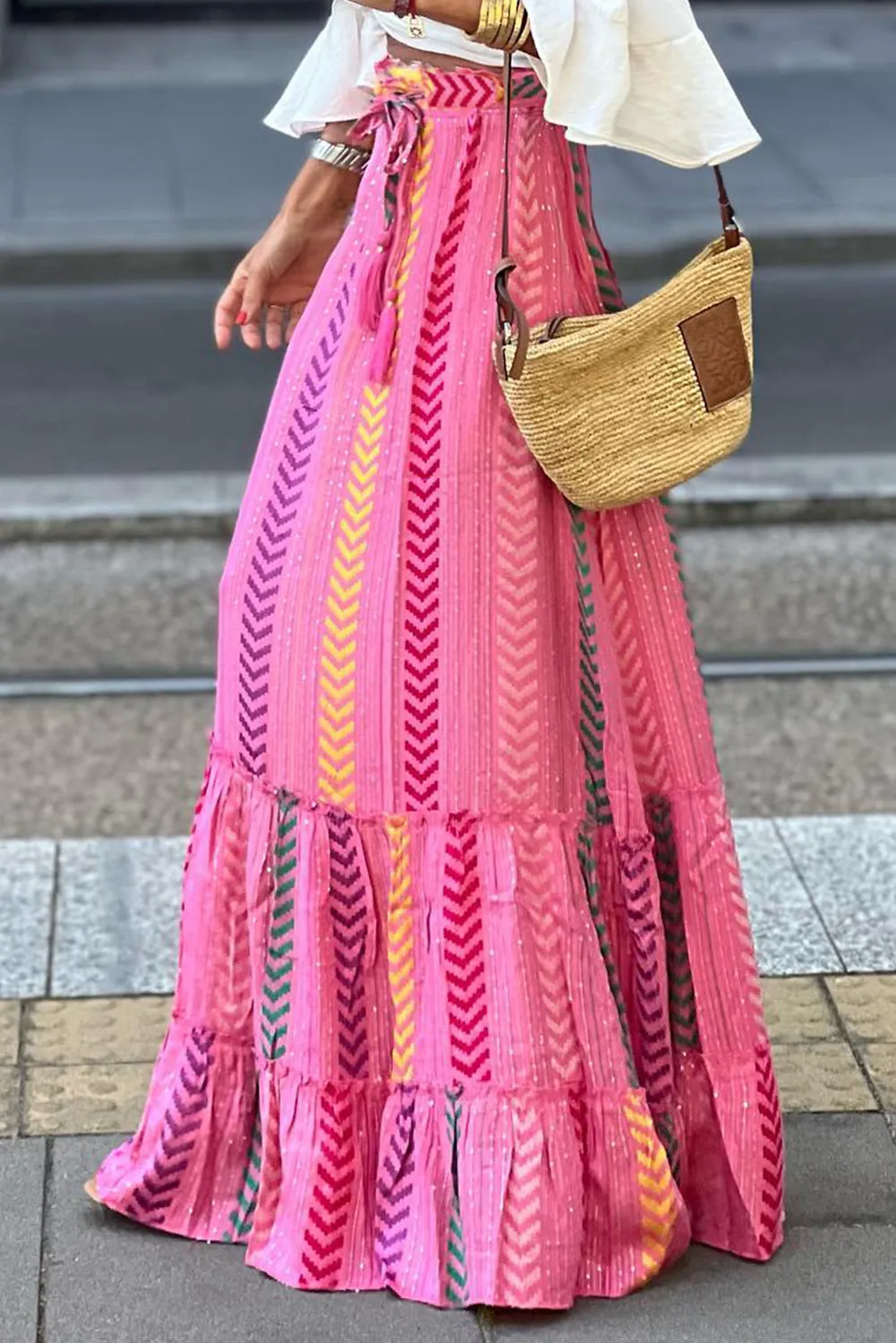Elegant Geometric Drawstring Waistband Skirt