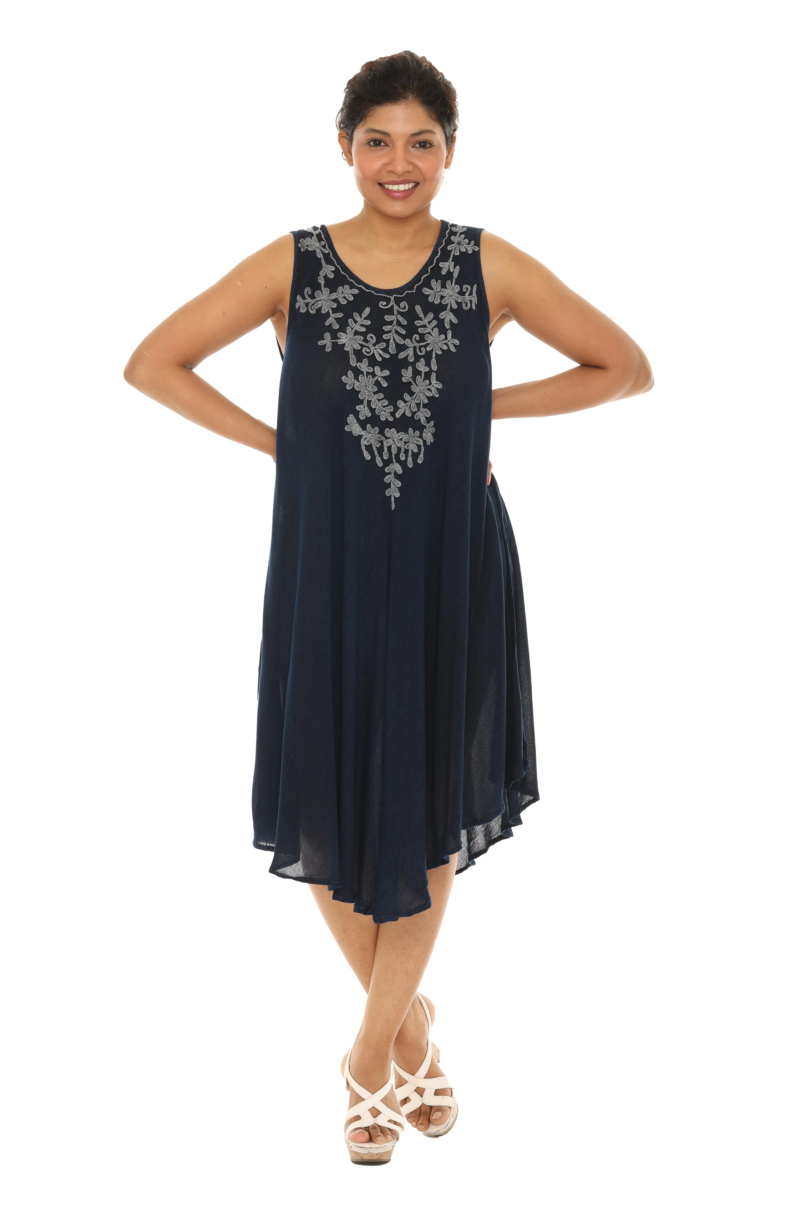 Embroidery Sleeveless Midi Rayon Sundress
