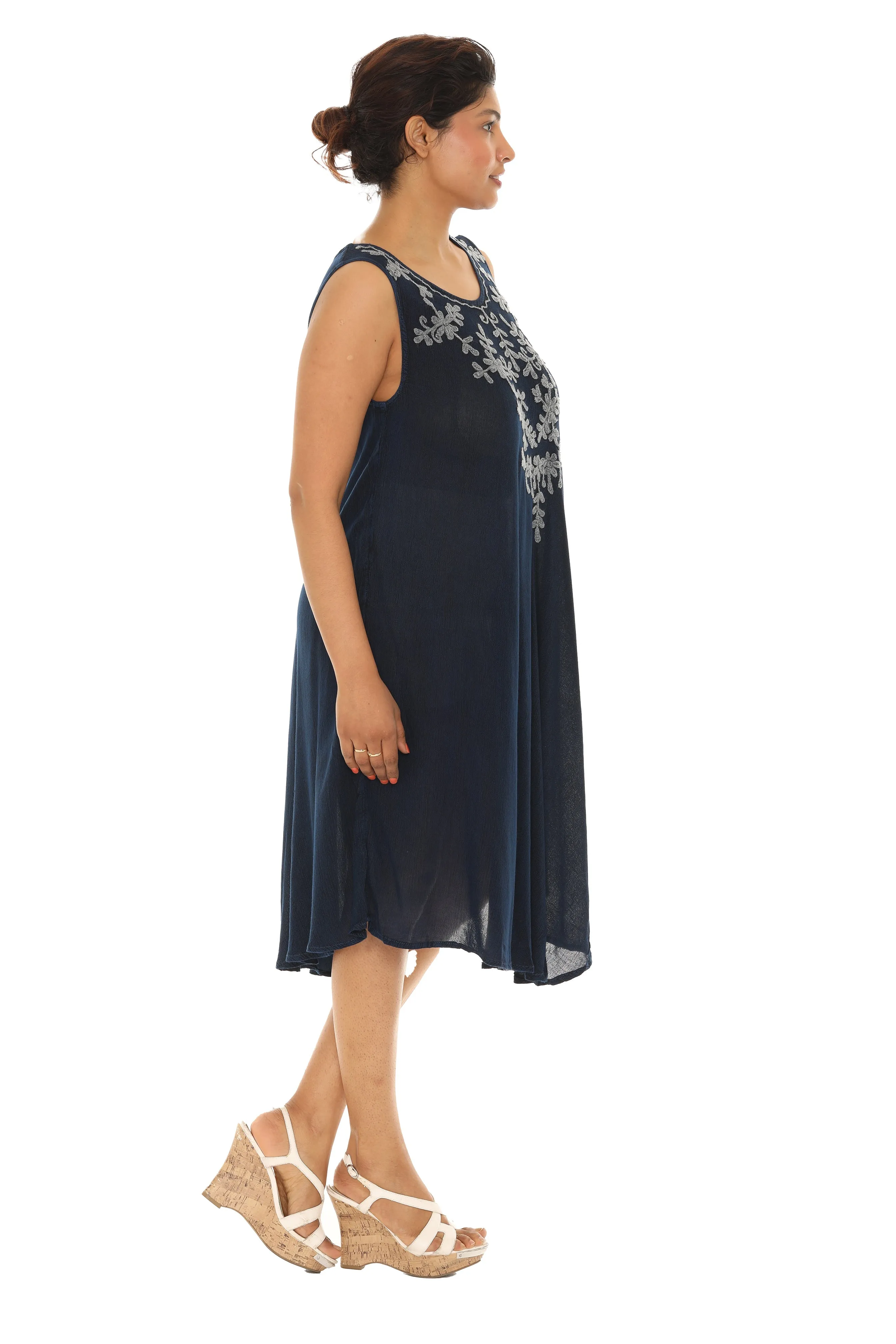 Embroidery Sleeveless Midi Rayon Sundress