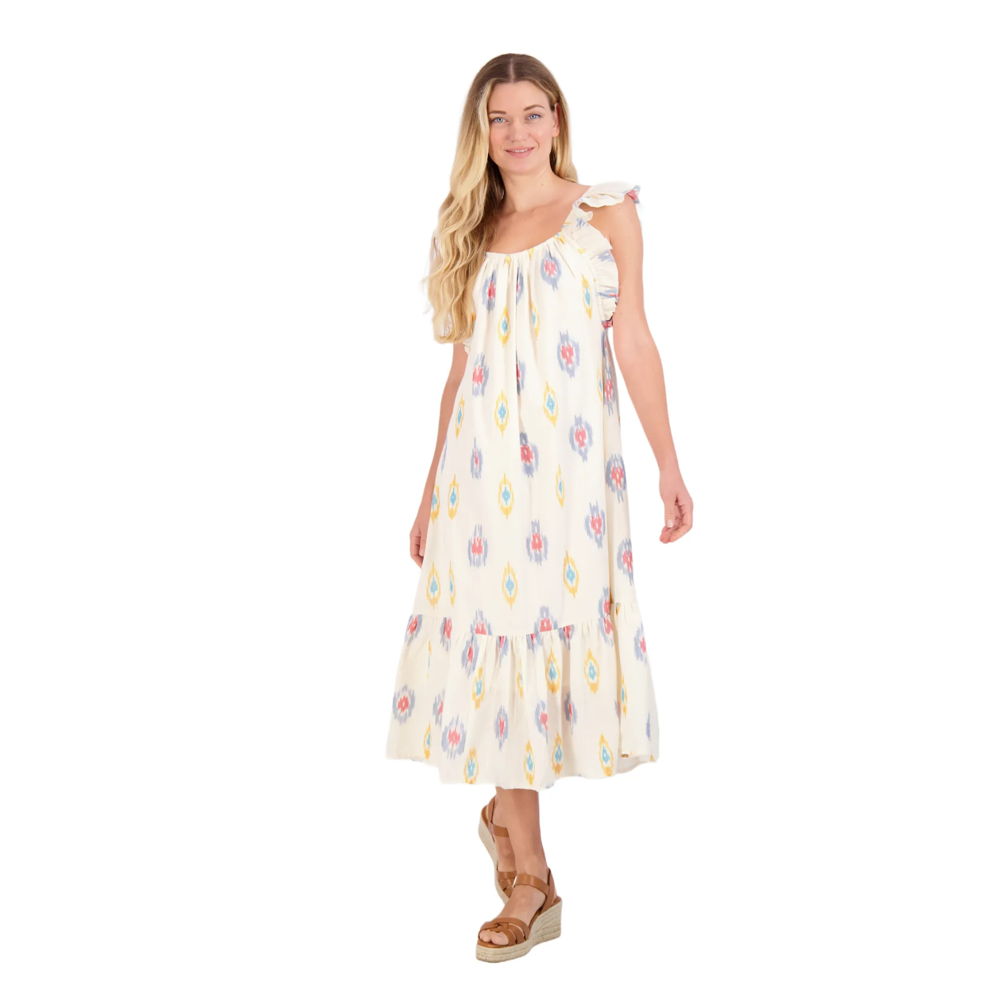 Eva Women's Ruffle Sundress Gold Blue Ikat