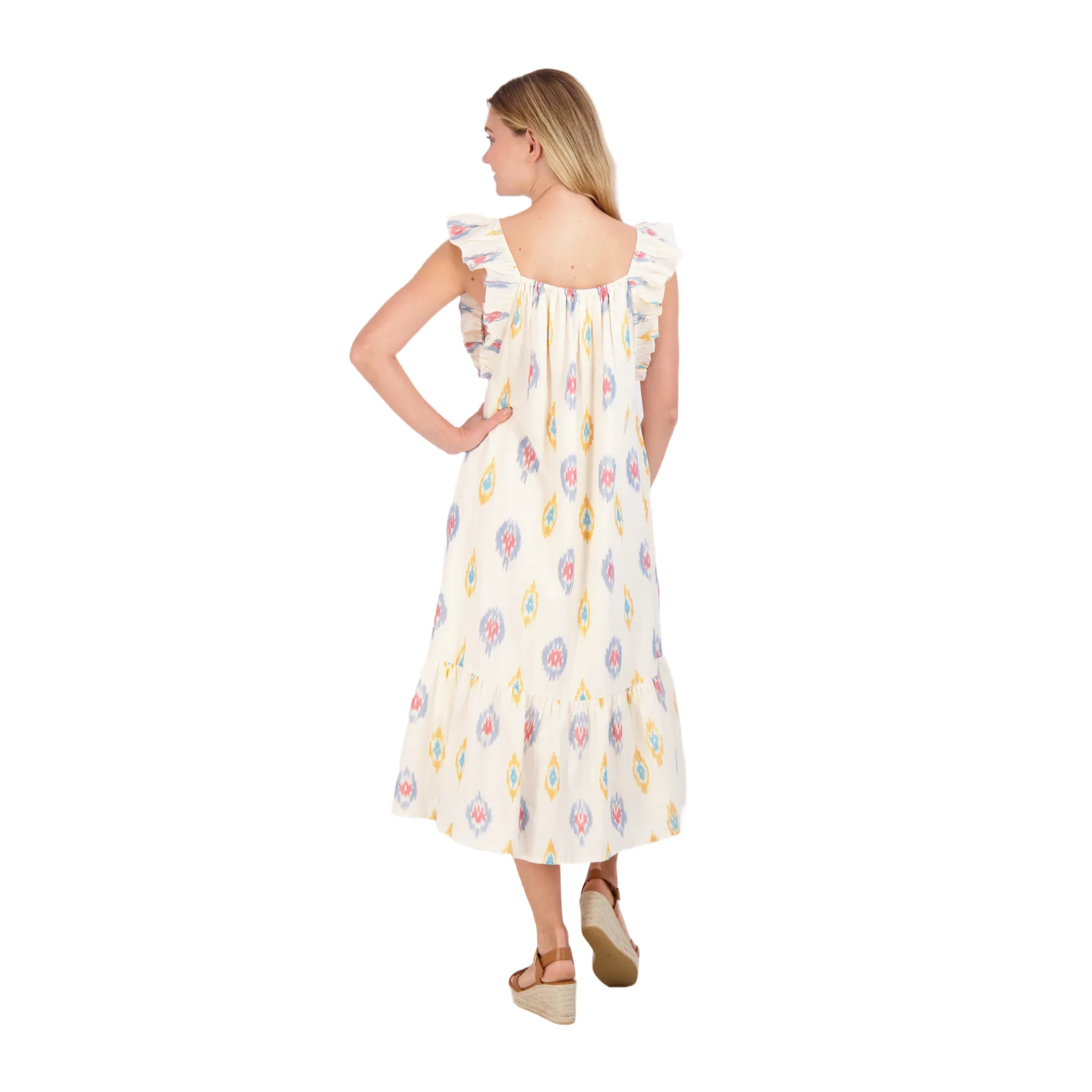Eva Women's Ruffle Sundress Gold Blue Ikat