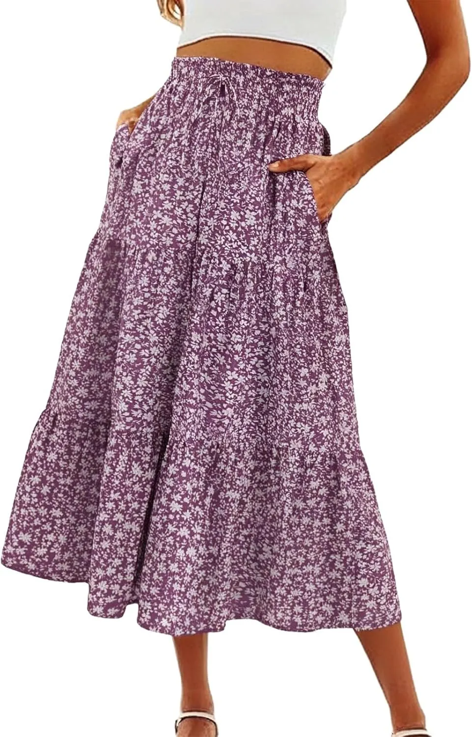 Floral Maxi Skirt for Women Comfy Tiered Elastic High Waisted Skirts Vacation A-Line Flowy Swing Long Boho Beach Dress