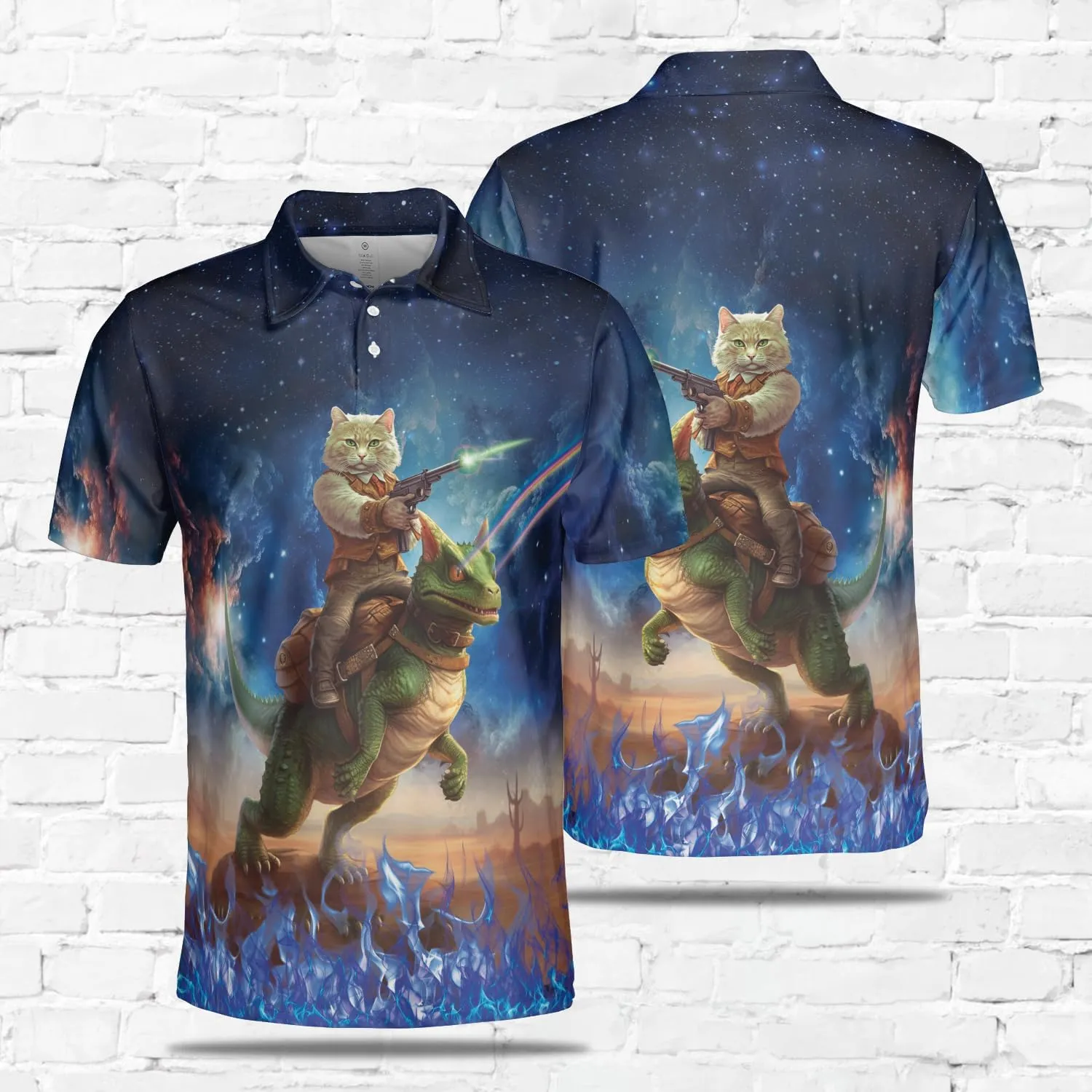 Funny Cat Polo Shirts for Men - Galaxy Cat Men's Regular Fit Quick Dry Golf Polo Shirt Series 02