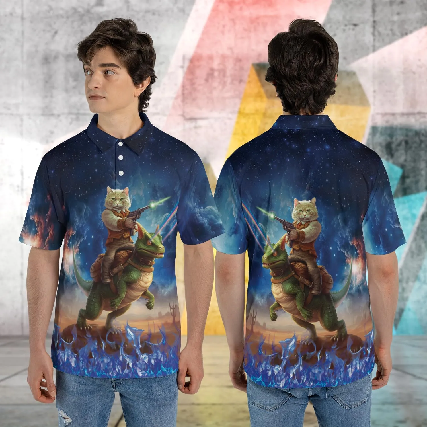 Funny Cat Polo Shirts for Men - Galaxy Cat Men's Regular Fit Quick Dry Golf Polo Shirt Series 02