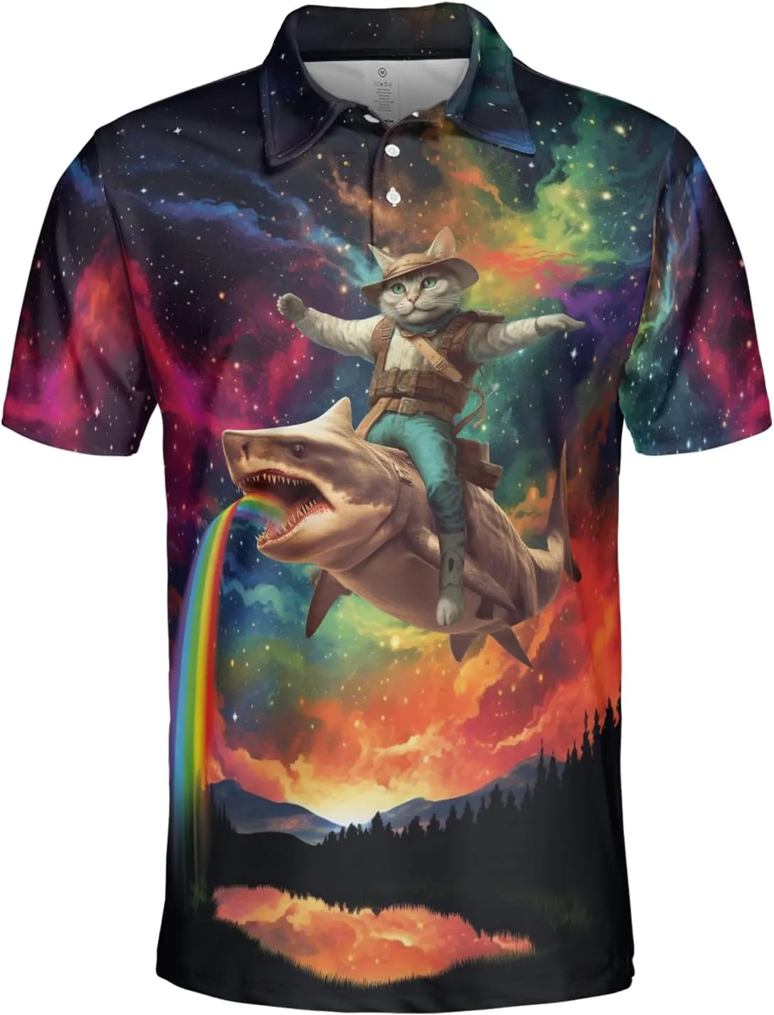 Funny Cat Polo Shirts for Men - Galaxy Cat Men's Regular Fit Quick Dry Golf Polo Shirt Series 02
