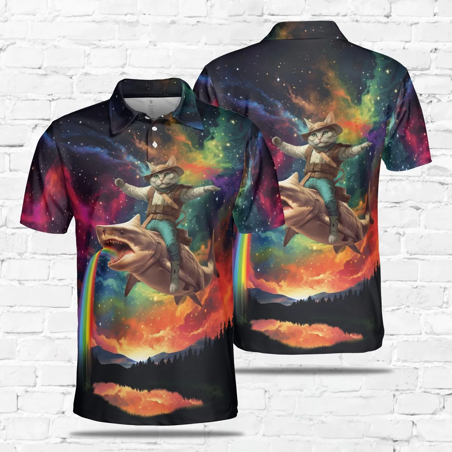 Funny Cat Polo Shirts for Men - Galaxy Cat Men's Regular Fit Quick Dry Golf Polo Shirt Series 02