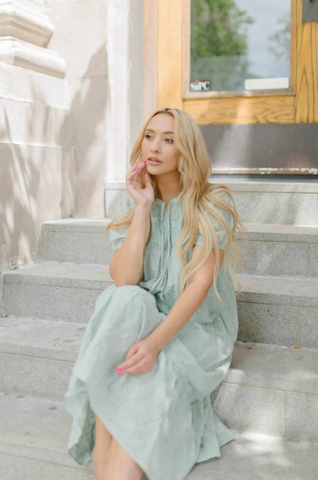 Gineva Eyelet Midi Dress - Seafoam Mint