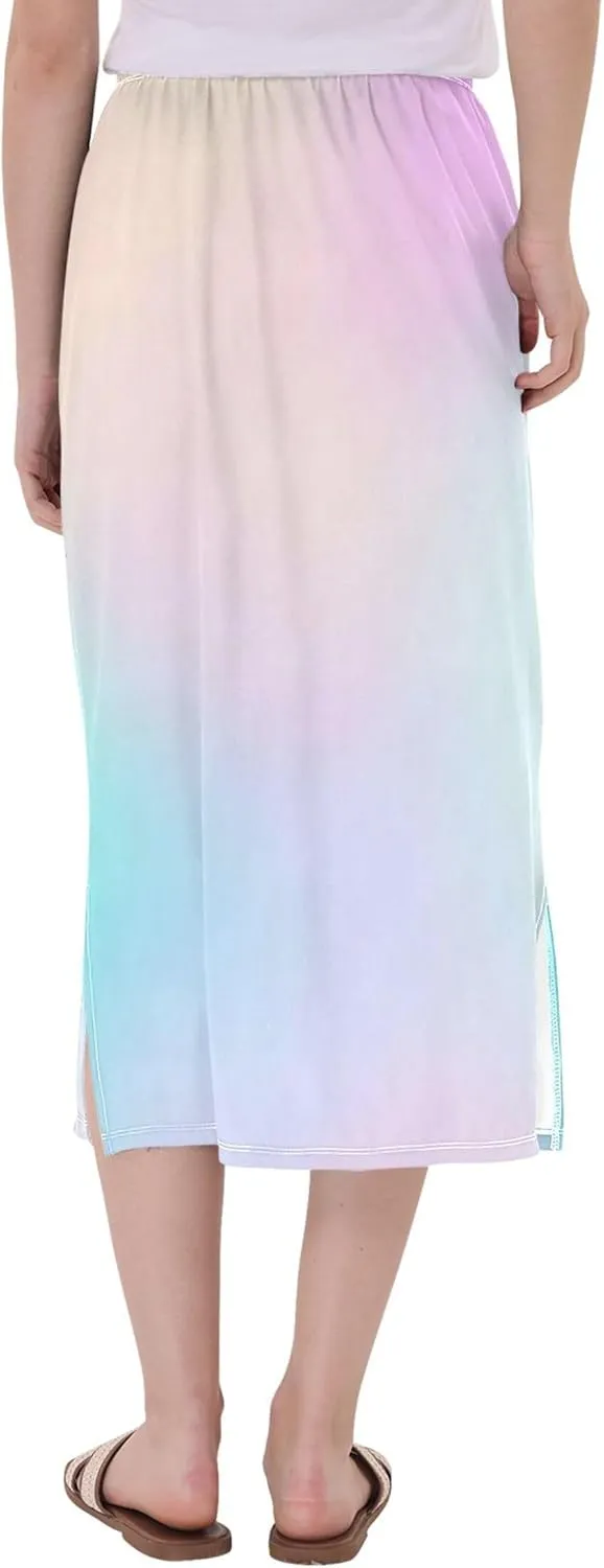 Green Pink Gradient Polka Dot Side Slit Midi Skirts Womens Floral Straight Fit Skirt High Waist Stretch Beach Skirts S