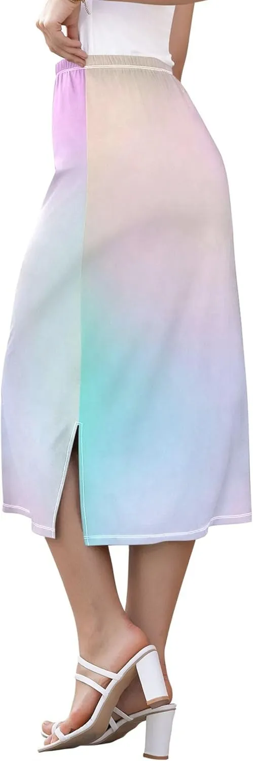 Green Pink Gradient Polka Dot Side Slit Midi Skirts Womens Floral Straight Fit Skirt High Waist Stretch Beach Skirts S