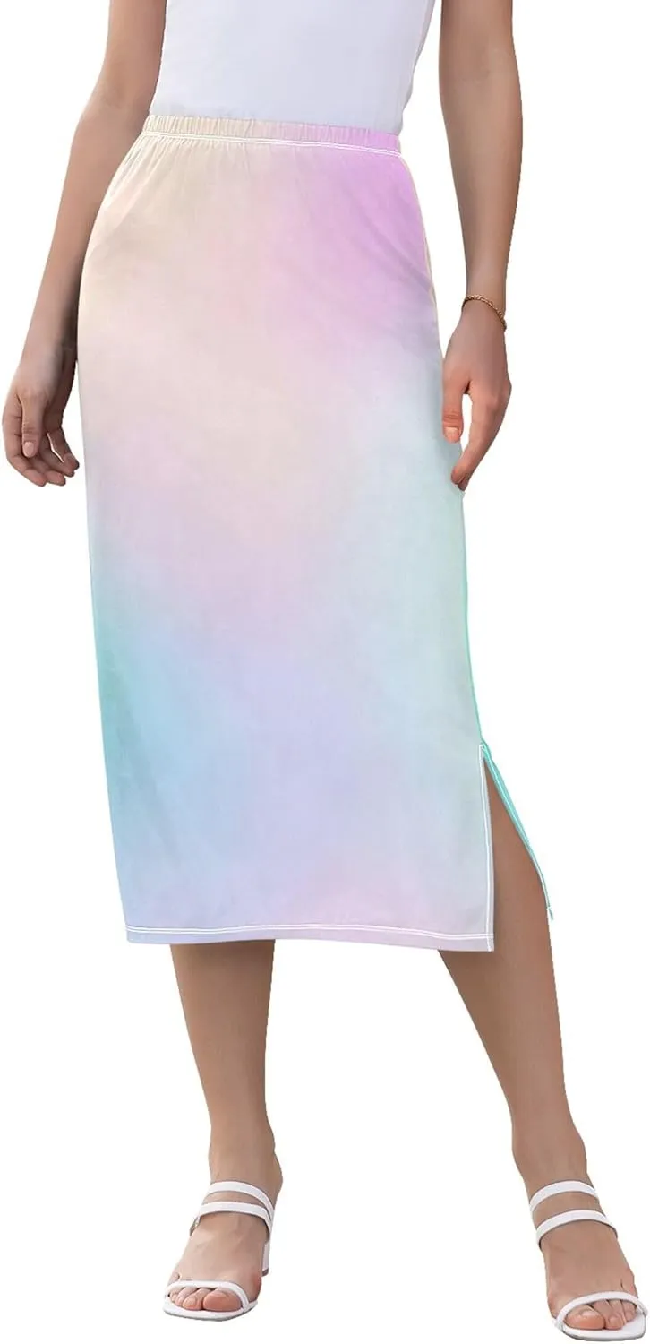 Green Pink Gradient Polka Dot Side Slit Midi Skirts Womens Floral Straight Fit Skirt High Waist Stretch Beach Skirts S