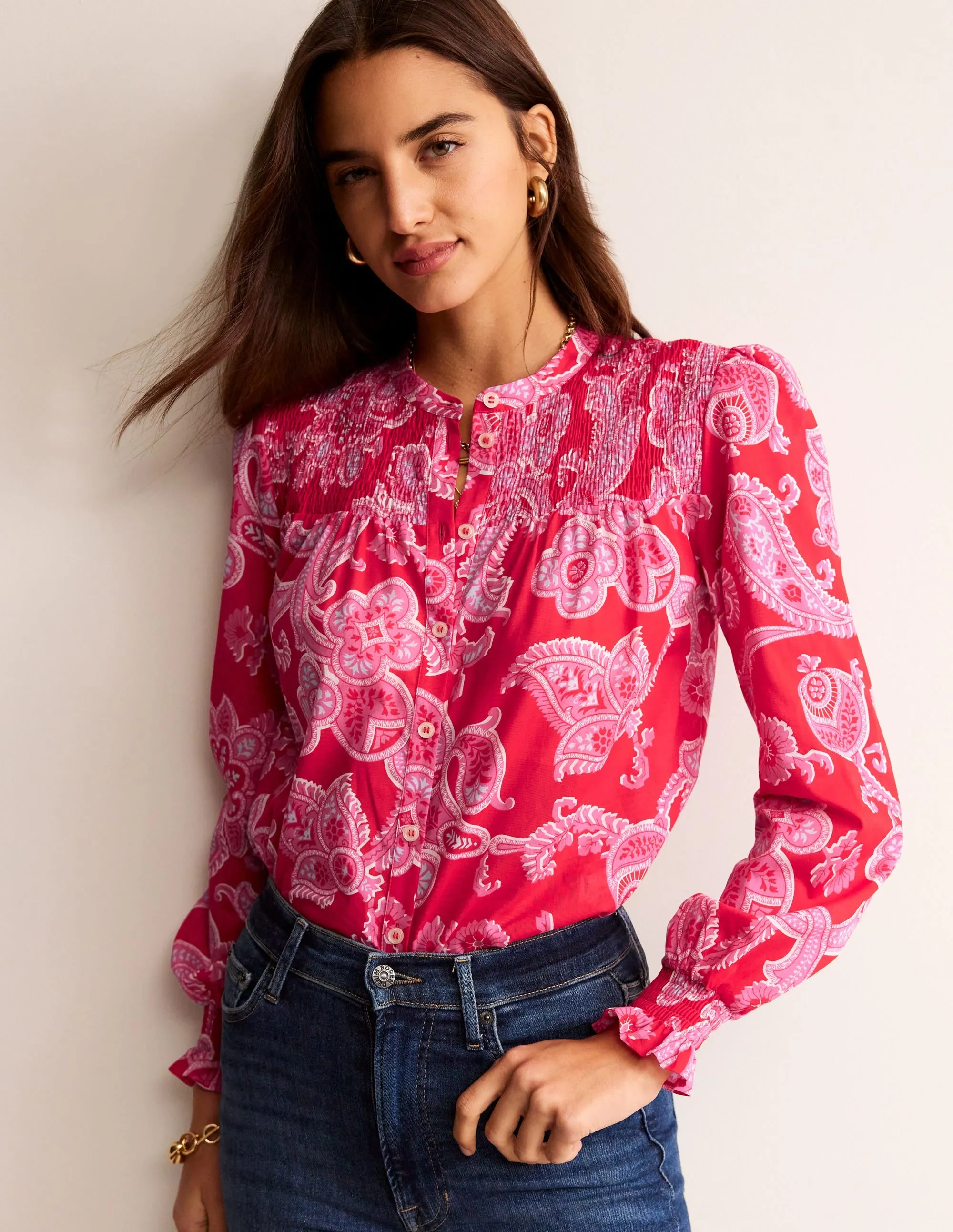 Helena Cotton Blouse-Flame Scarlet, Cascade Paisley