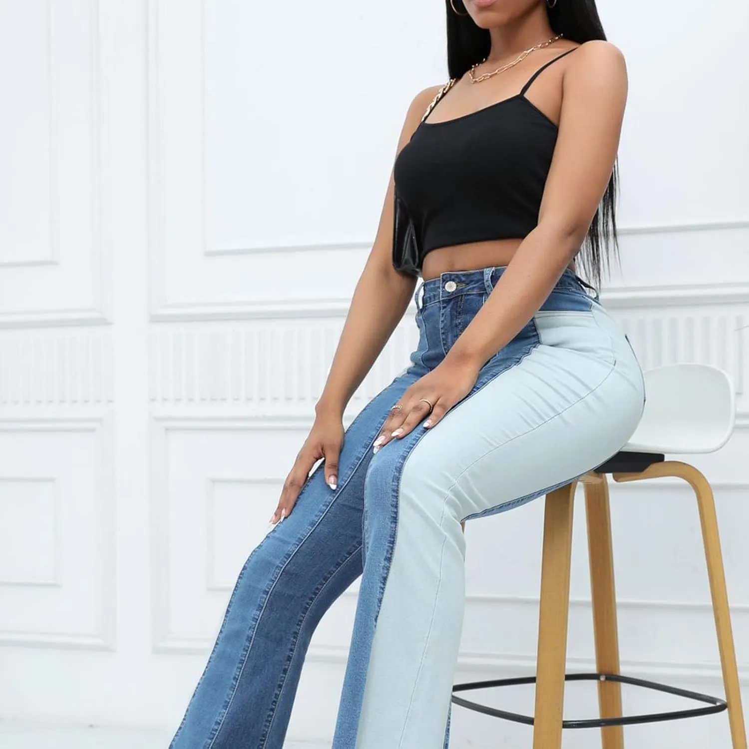 HGps8w Women's Chic Color Block Jeans, Casual High Waisted Straight Leg Stretchy Denim Pants with Pockets