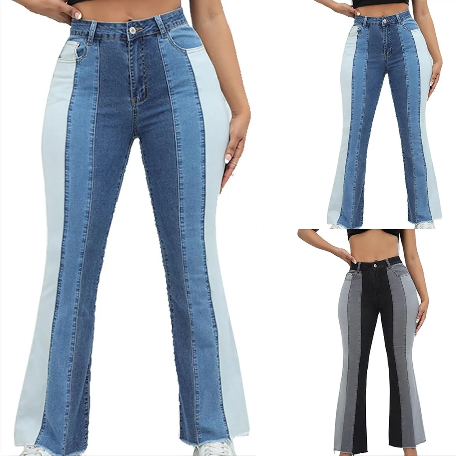 HGps8w Women's Chic Color Block Jeans, Casual High Waisted Straight Leg Stretchy Denim Pants with Pockets