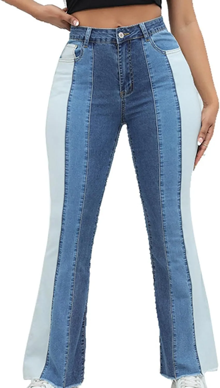 HGps8w Women's Chic Color Block Jeans, Casual High Waisted Straight Leg Stretchy Denim Pants with Pockets