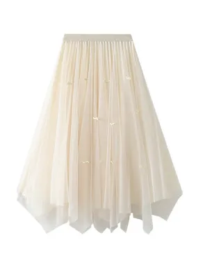 High Waist Pleated Irregular Gauze Skirt